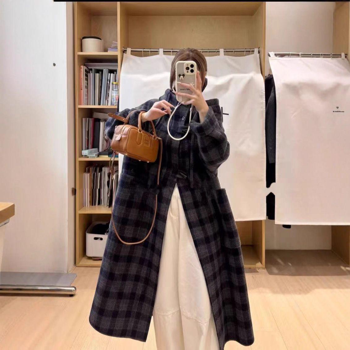 连帽立领蓝色格纹双面羊毛呢外套女秋冬新款中长款大衣翻领气质款