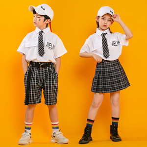 Children rapper white plaid hip hop street dance costumes cheerleader uniforms gogo dancer JK style performance suit  for boys girls