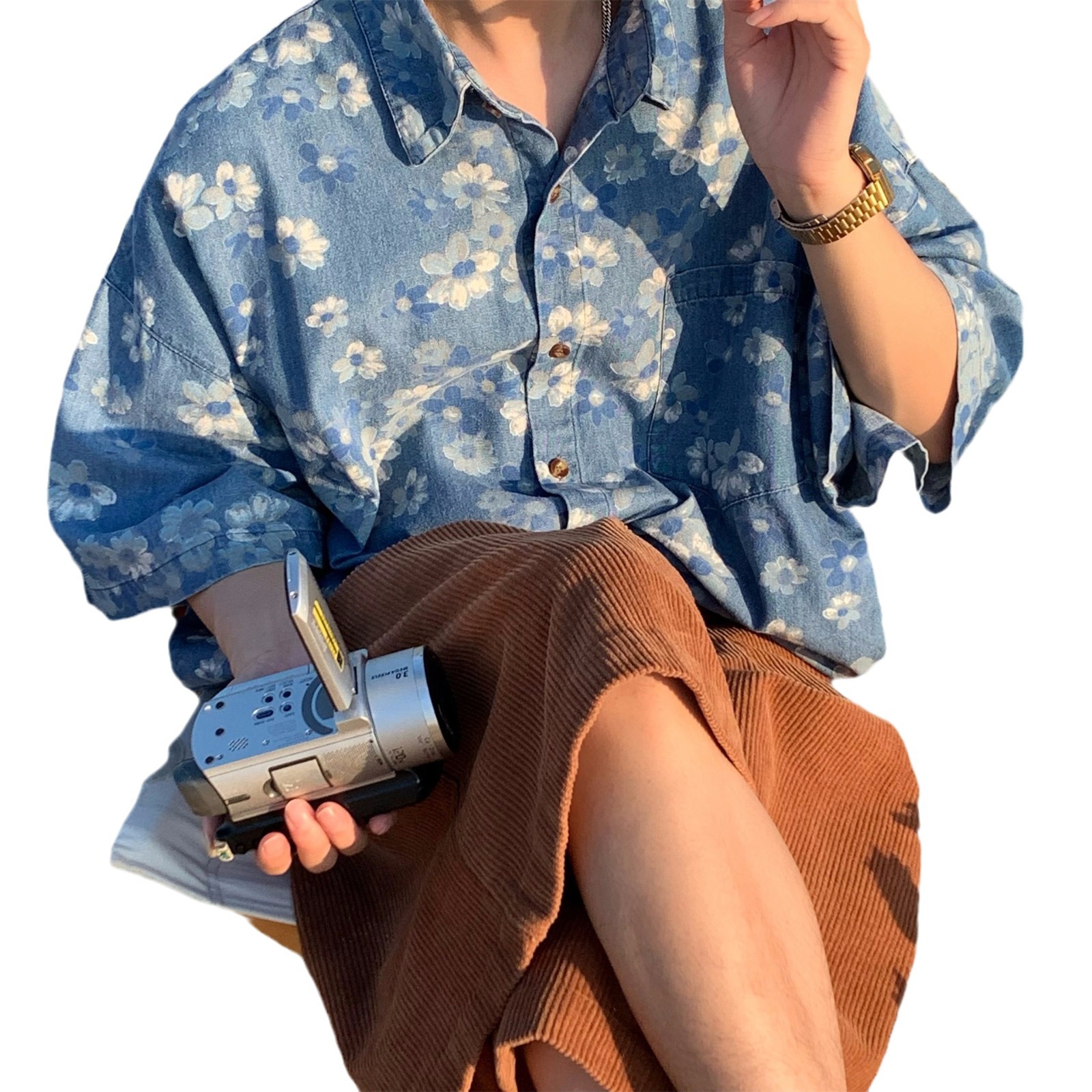 Japonés retro flor completo impreso lavado angustiado Denim camisa de manga corta de los hombres de verano Nueva camisa casual suelta moda