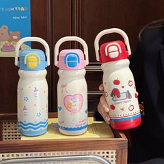 見栄えの良い漫画の子供用ダブルドリンクバウンシング魔法瓶カップ 316 ステンレス鋼ストローカップハンドルポータブルケトル