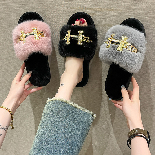 Amazon Slippers Winter Home Cotton Slippers Indoor Warm Metal Chain Flat Heel Fashion Furry Slippers for Women