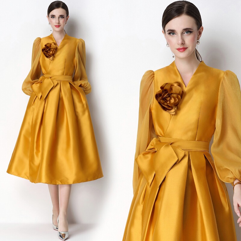 1523 Elegant Satin Collar Dress with Puff Sleeves, Tie-Waist, Slimming Effect, and Floral Accents 1523 Elegant Satin Collar Dress with Puff Sleeves, Tie-Waist, Slimming Effect, and Floral Accents