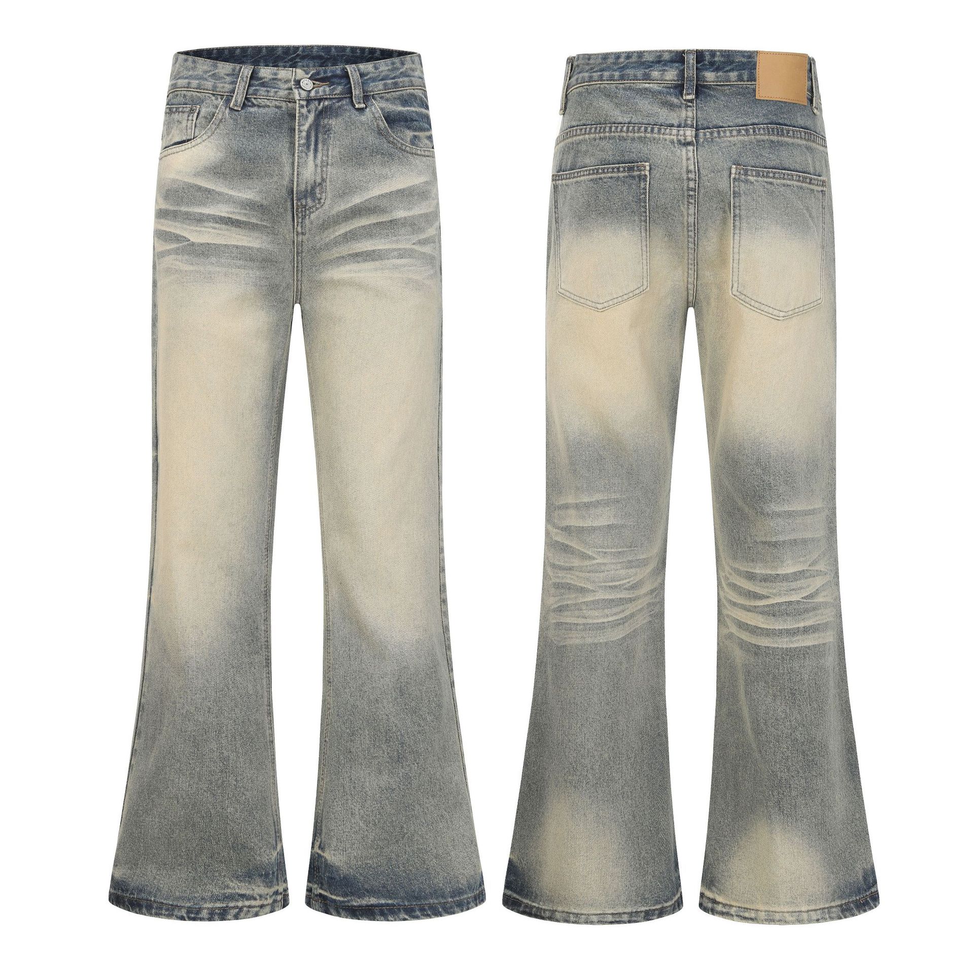 Men's Clothing Retro Distressed Washed Whiskered Straight Leg Flared Jeans For Men New Style Versatile Loose Fit Long Pants_mkmklike.com