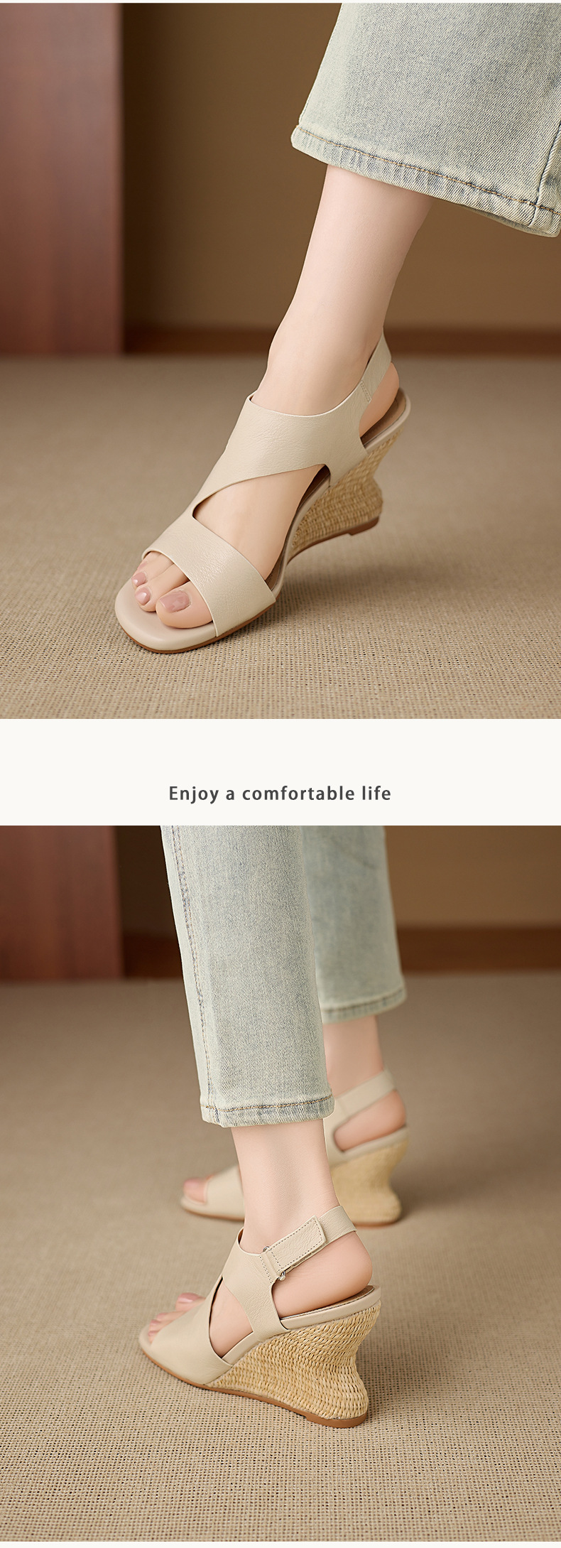 Sandal cao gót nữ quai ngang mũi hở chất liệu da cừu, đế cao gót bọc cói, khóa dán tiện lợi — màu trắng ngà, màu mơ chi tiết 6