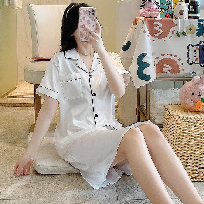 2022 cross-border wholesale summer chubby girl plus fat plus size women's solid color silk shirt skirt pajamas factory outlet