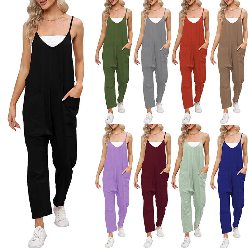 Amazon popular jumpsuit 2023 Summer European and American women's large pocket overalls loose jumpsuit women's cross-border