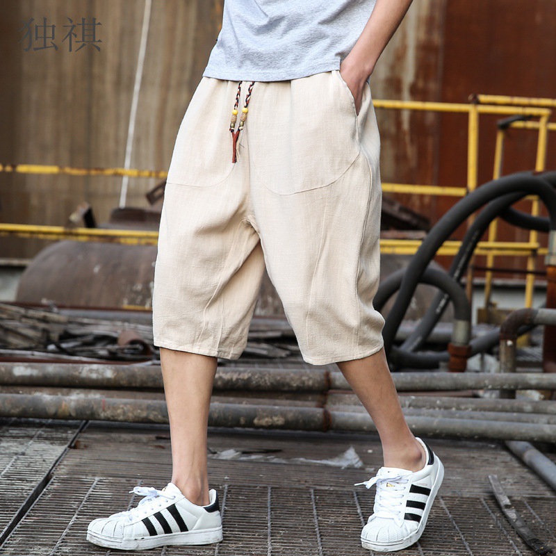 Summer New Chinese Style Linen Capri Pants Solid Color Casual plus size Cotton and Linen Hallen Pants Men's Loose Trendy 7-point Pants