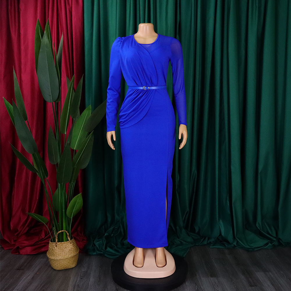 Damen Abendkleid Mit Langarm Und Mesh-einsatz Elegantes Festkleid_voghion.com