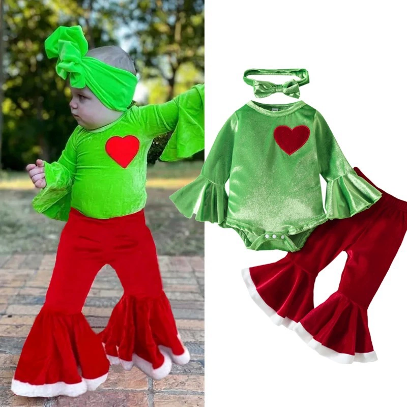 Жесткая Рождественская Детская одежда Рождественский Комплект из трех предметов для маленьких девочек, женский комбинезон с рукавами из рога, брюки с красным Рогом, костюм-обруч на голову