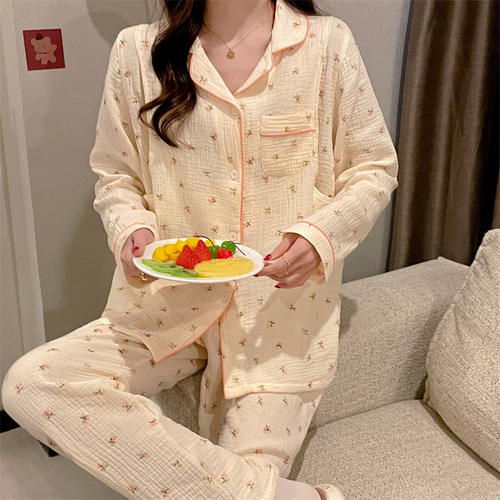 Breastfeeding pajamas, thin large size nursing clothes, four-season thin crepe confinement clothes, sweat-absorbent home clothes, double-layer gauze cover