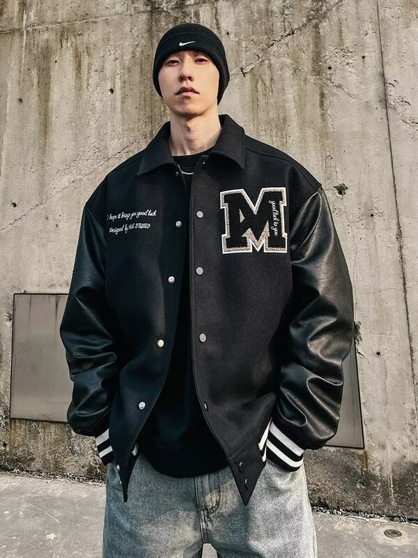 Cross-Border Plus-Size Jacket, Trendy Brand Loose-Fitting Jacket, University Letterman Varsity Jacket, Breathable Baseball Collar