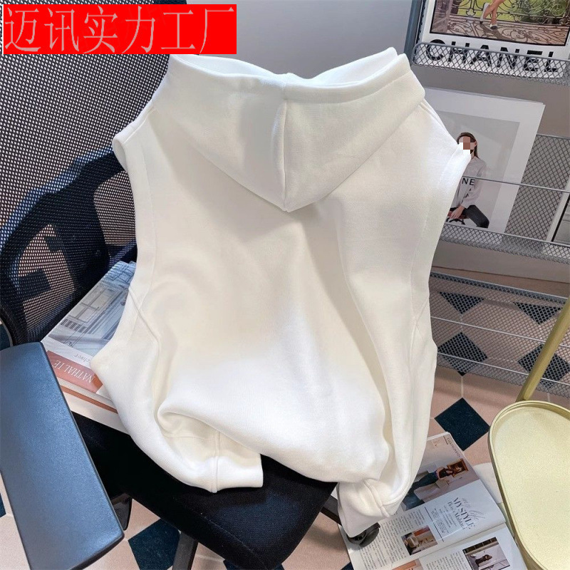 日系学院風フード付きベストカーディガン女性2024春秋工装レジャースポーツ馬挟み袖なし上着|undefined