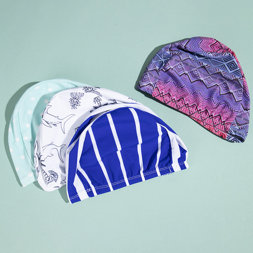 Polyester cloth swimming pool swimming cap, high elasticity adult universal design and color independent packaging cardboard hot spring swimming cap