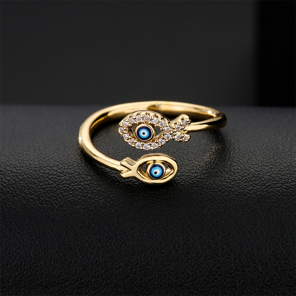 fashion dripping oil devils eye ring copper gold plated double fish design geometric open ringpicture2