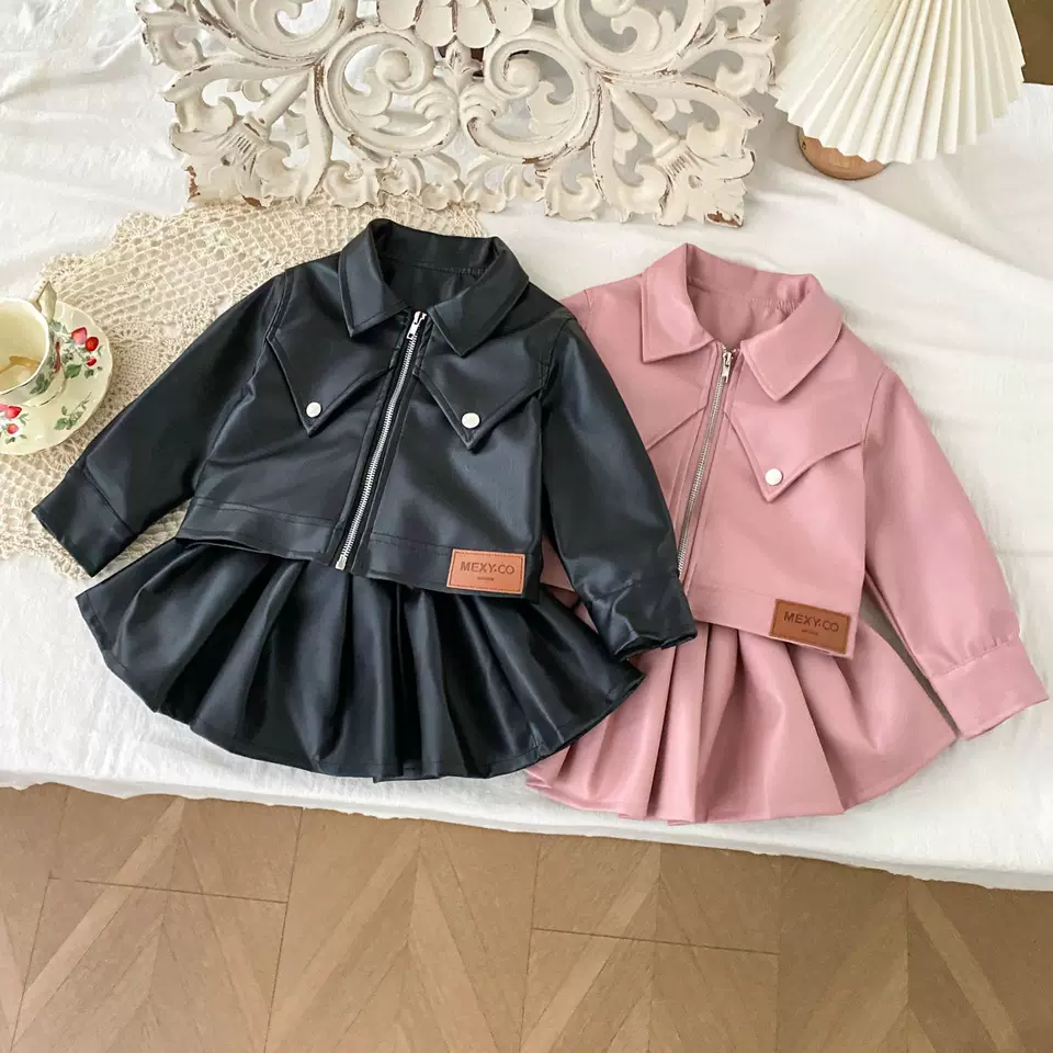Girls Leather-Style Jacket with Pleated Skirt