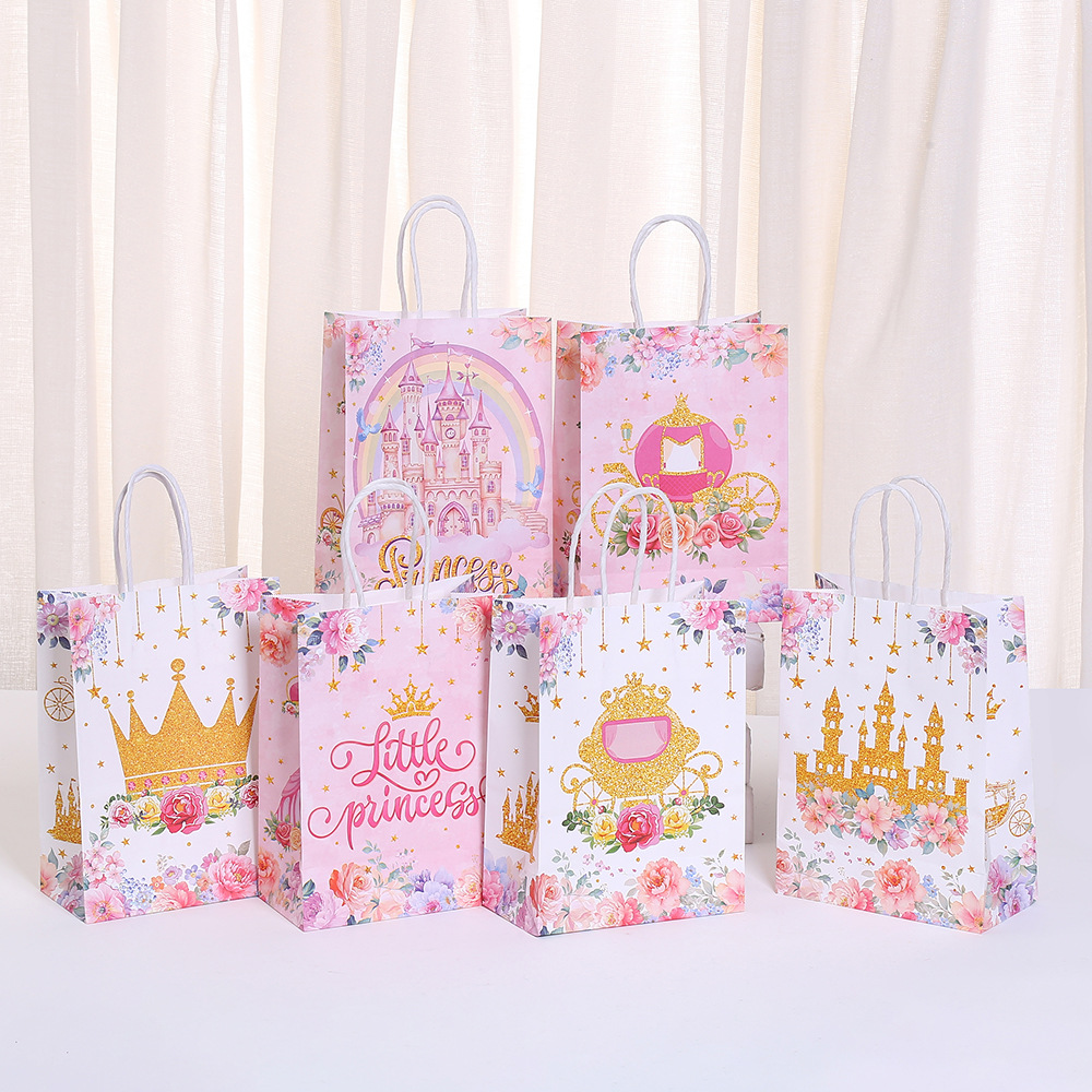 卡通牛皮纸袋公主城堡印花手提袋生日派对礼品包装袋糖果零食纸袋