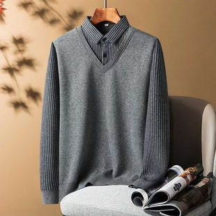 Autumn and Winter New Fake Two-Piece Shirt Men's Warm Top One-Piece Velvet Thickeneded Middle-Aged and Elderly Knitted Knitwear