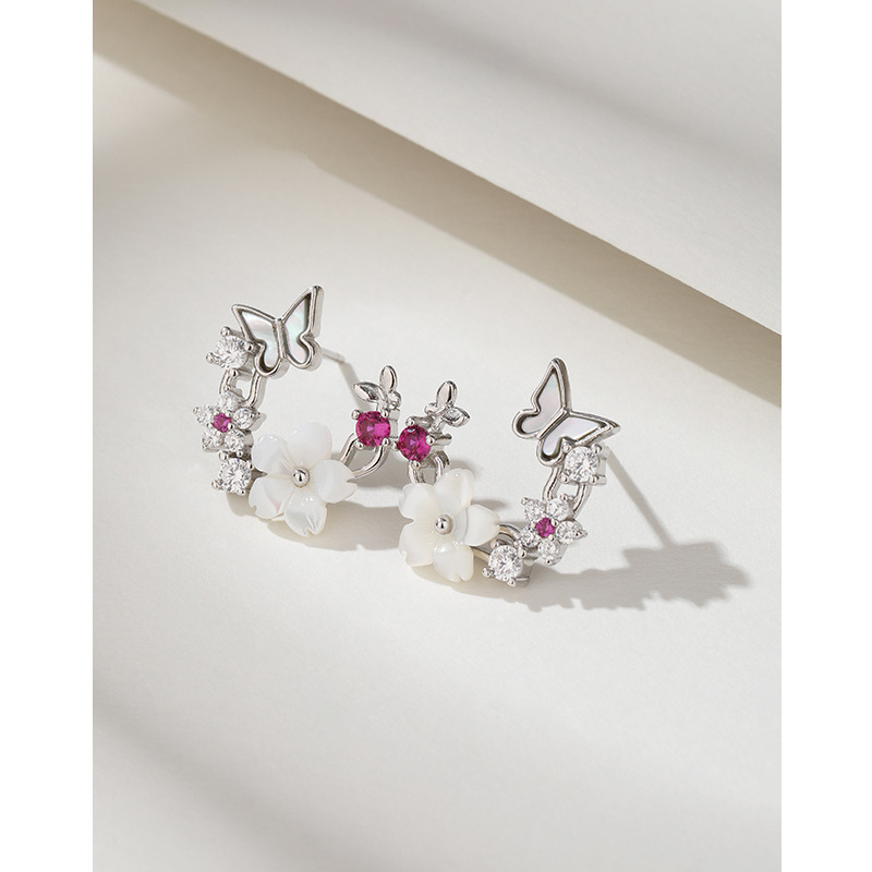 925 aretes de flores de plata esterlina para mujeres lujosos nicho de diseño de zircon concha mariposa pernos de aretes de alta calidad