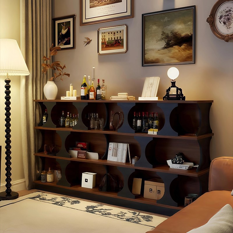 French Solid Wood Bookshelf Living Room Sofa Side Cabinet Half Wall Display Cabinet Black Floor-Standing Storage Cabinet Antique Style Bookcase