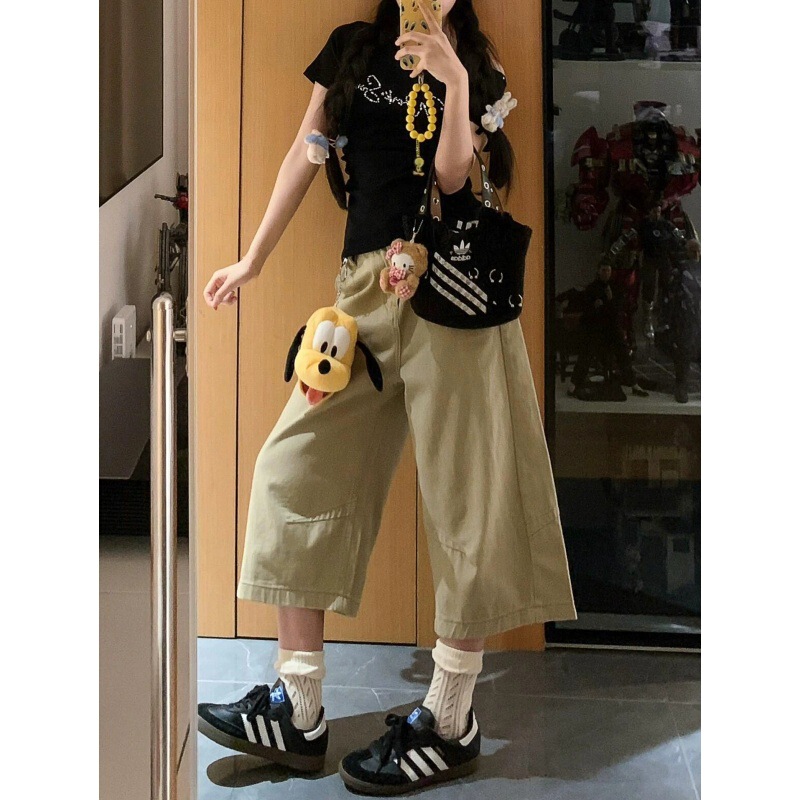 Khaki Wide-Leg Denim Cropped Pants for Women, New Summer Style, Plus Size, Suitable for Pear-Shaped Body, Loose Fit, Slimming Straight-Leg Pants Khaki Wide-Leg Denim Cropped Pants for Women, New Summer Style, Plus Size, Suitable for Pear-Shaped Body, Loose Fit, Slimming Straight-Leg Pants