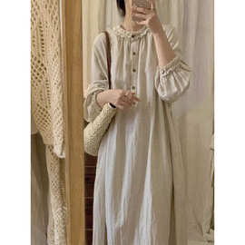 日系复古春亚麻长裙女文艺气质2025棉麻长袖连衣裙宽松子森系垂感