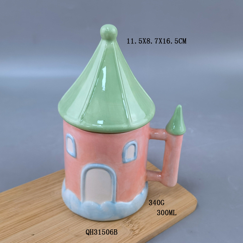 Taza de castillo de cerámica, iglesia de hongos, taza de agua mágica de macarrón, casa de estilo mediterráneo, taza de café con tapa