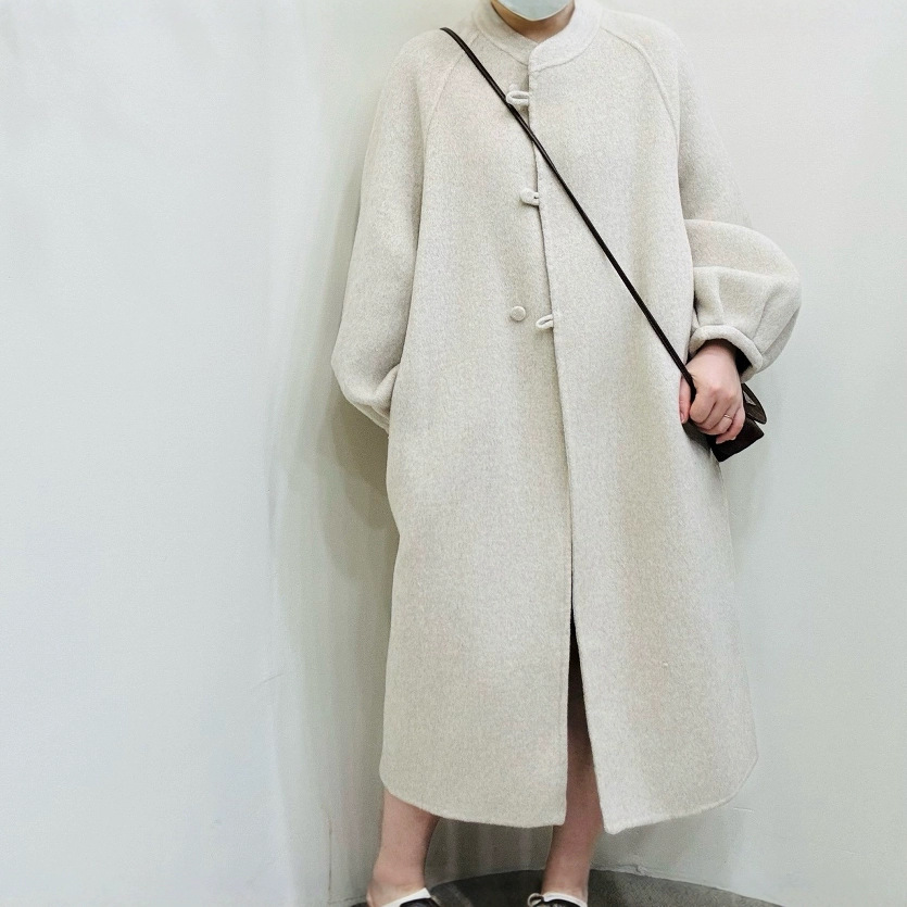 新中式简约宽松温柔风立领时尚百搭女加长款秋冬羊毛大衣新
