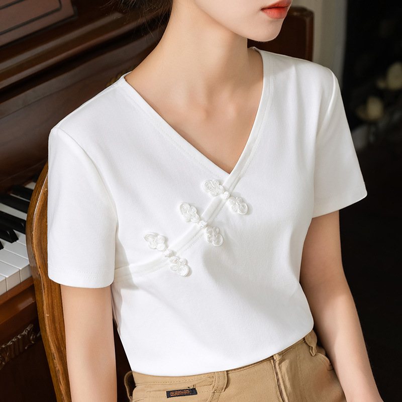Camiseta de manga corta para mujer verano 2023 Nueva Camiseta de algodón con cuello en V de clavícula abierta para mujer Top retro chino con hebilla image 9