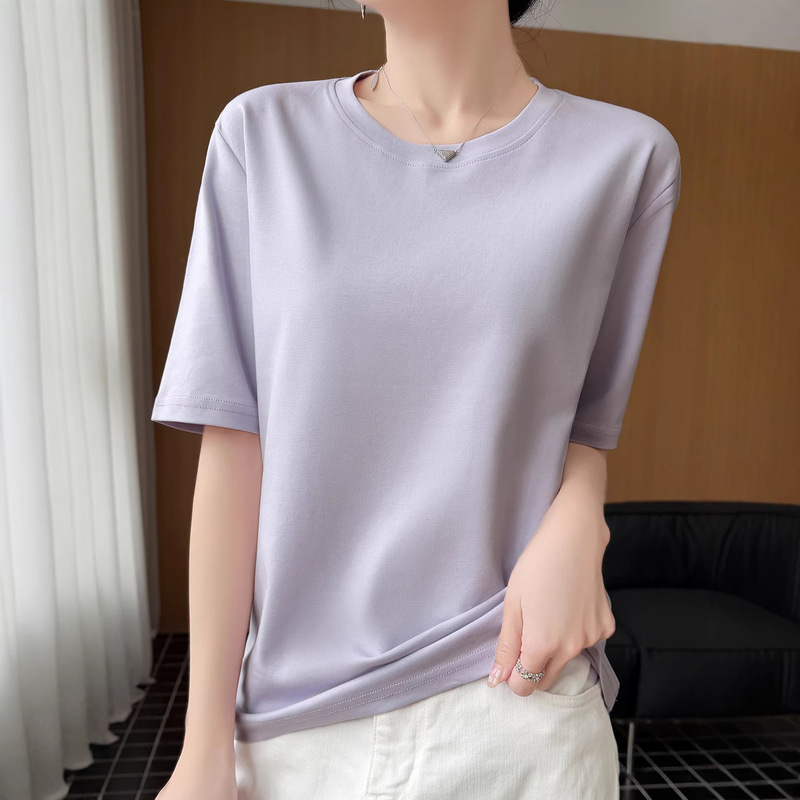 Women's Summer Thin High-End 100% Pure Cotton Round Neck Short-Sleeved T-Shirt Loose Five-Quarter Sleeve Round Neck Versatile T-Shirt Top