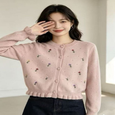 GRL Women's Clothing 26 Autumn/Winter New Sweet and Soft Slimming Japanese Style Embroidered Floral Bell Sleeve Round Neck Knit Cardigan GRL Women's Clothing 26 Autumn/Winter New Sweet and Soft Slimming Japanese Style Embroidered Floral Bell Sleeve Round Neck Knit Cardigan