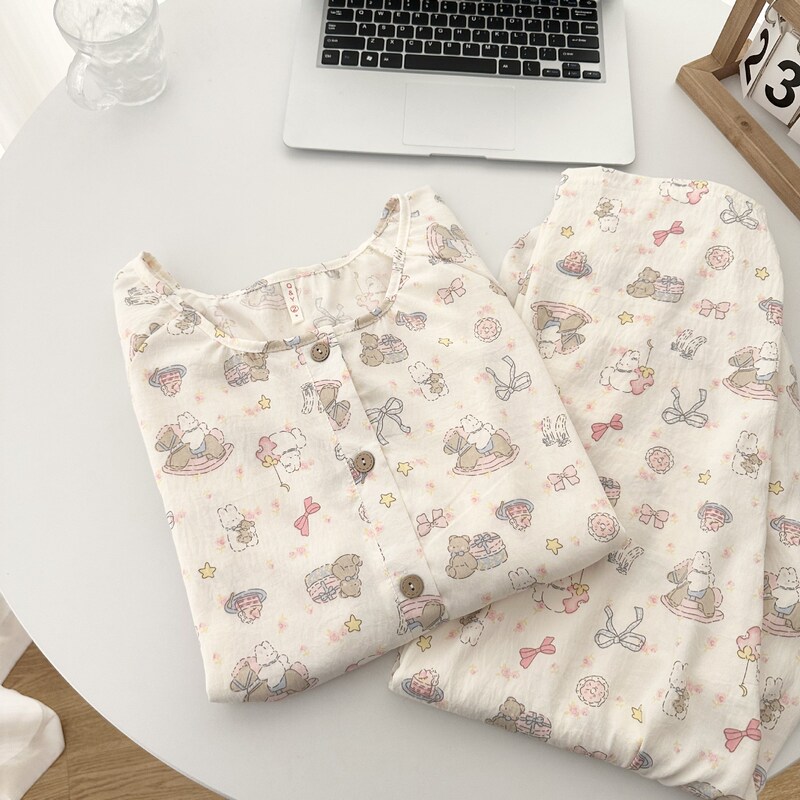 Carousel-Themed Pajamas for Women, Autumn Long-Sleeve Cloud Cotton Loose-Fitting Japanese Internet Celebrity Style Cute Loungewear Set Wholesale