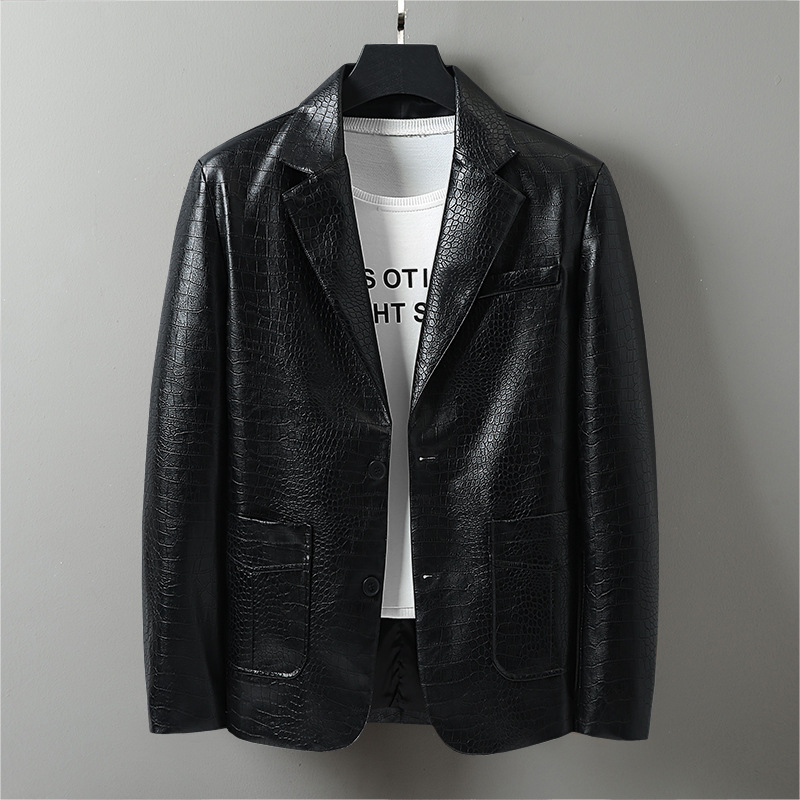 外贸外单欧码春秋鳄鱼男士西装领皮衣青年西服皮夹克皮外套西服男