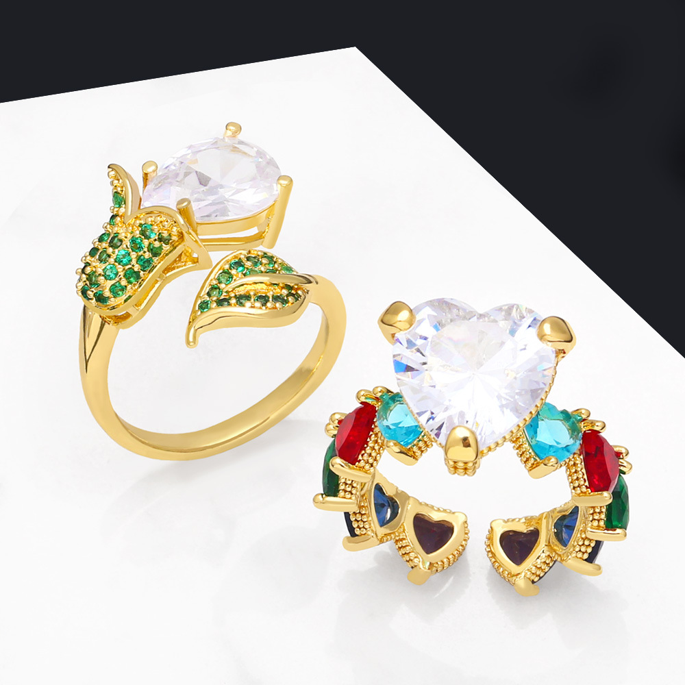 Fashion Heart Shape Copper Open Ring Plating Inlay Zircon Copper Rings