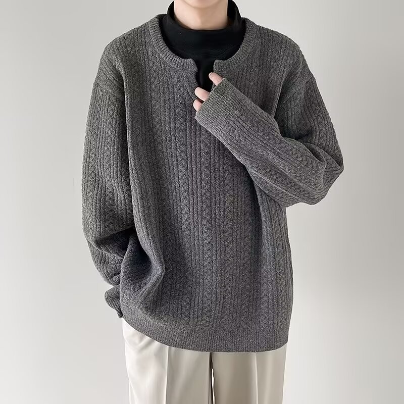 Pull décontracté en tricot à col en V pour homme - Mélange de coton doux, coupe ample, pull chaud pour l'hiver, élégant et confortable pour les adolescents et les jeunes adultes._voghion.com