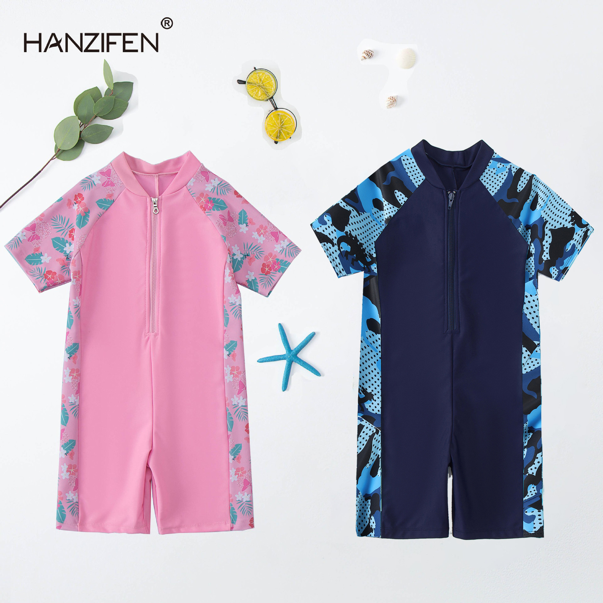 儿童泳衣男童女童中大童连体新款韩国宝宝连体速干专业温泉游泳装|ru