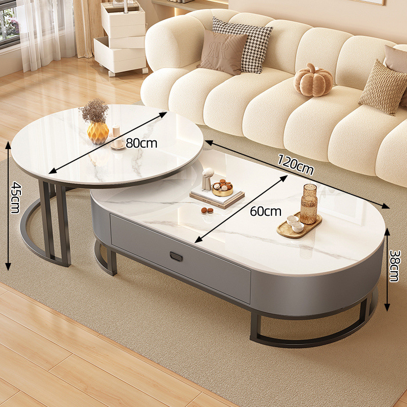 커피 테이블 [블랙 프레임 그레이 캐비닛] 라이트 럭셔리 화이트 + 80 라이트 럭셔리 화이트 원형 테이블