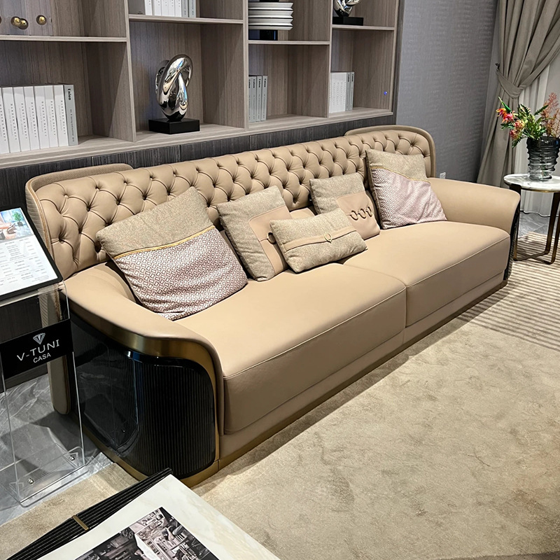 意式輕奢高靠背沙發現代簡約設計師別墅大平層頭層真皮拉扣大沙發