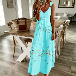 2026夏季新款亚马逊跨境女装蝴蝶印花吊带宽松遮肉连衣裙外贸批发