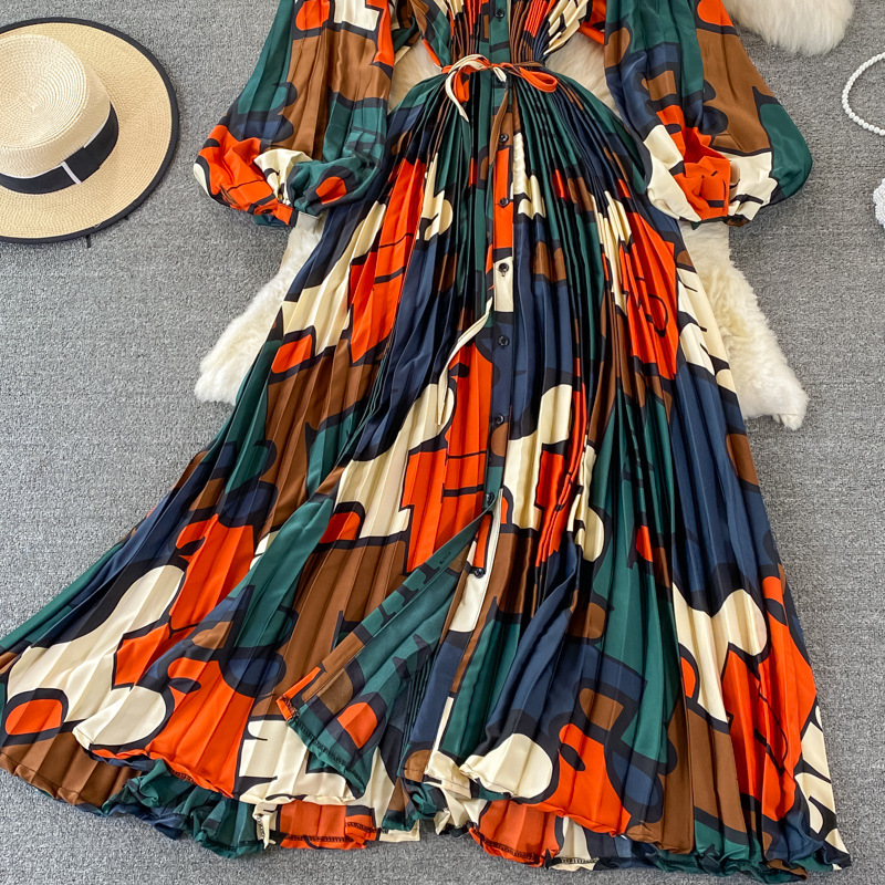 Vêtements pour femmes Automne col rond ample mince à manches longues imprimé satin simple boutonnage robe plissée élégante légère luxe longue jupe_voghion.com