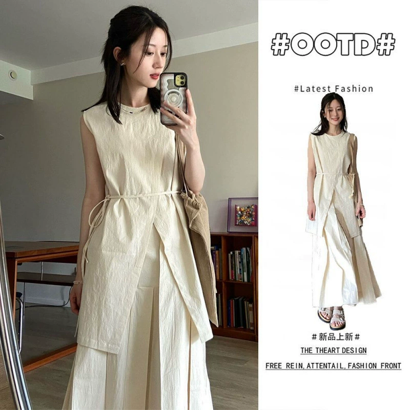 Летний литературный холодный набор дзен без рукавов жилет чувство многослойности тяжелая плиссированная юбка из двух частей