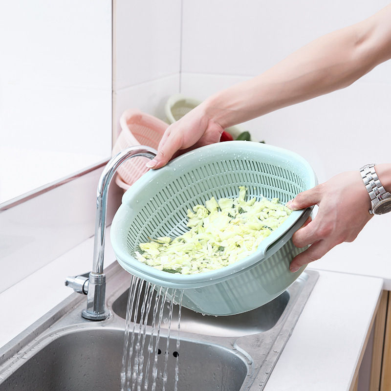 Double-layer Vegetable Large Basket, Kitchen Plastic Perforated Rice Washing And Multi-purpose Draining Basket Set,_voghion.com