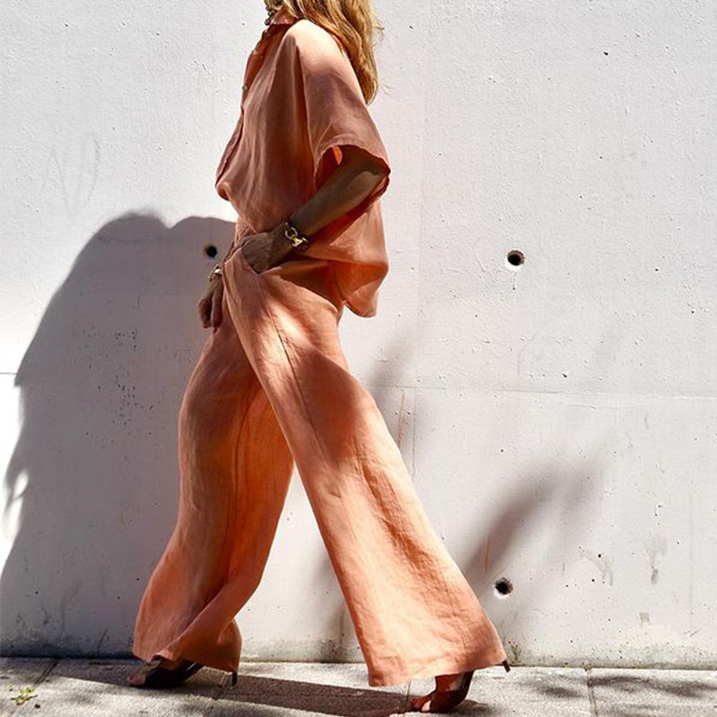 Women's Clothing 2024 Spring and Summer New Ladies Fashion Temperament Solid Color Loose Cotton and Linen Lapel Two piece Set_voghion.com
