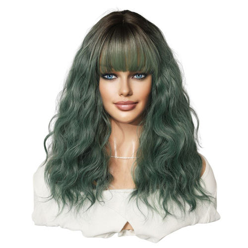 Cosplay Halloween Wig Seaweed Green Wavy Curly Bangs Chemical Fiber Wig Wholesale Green Wigs