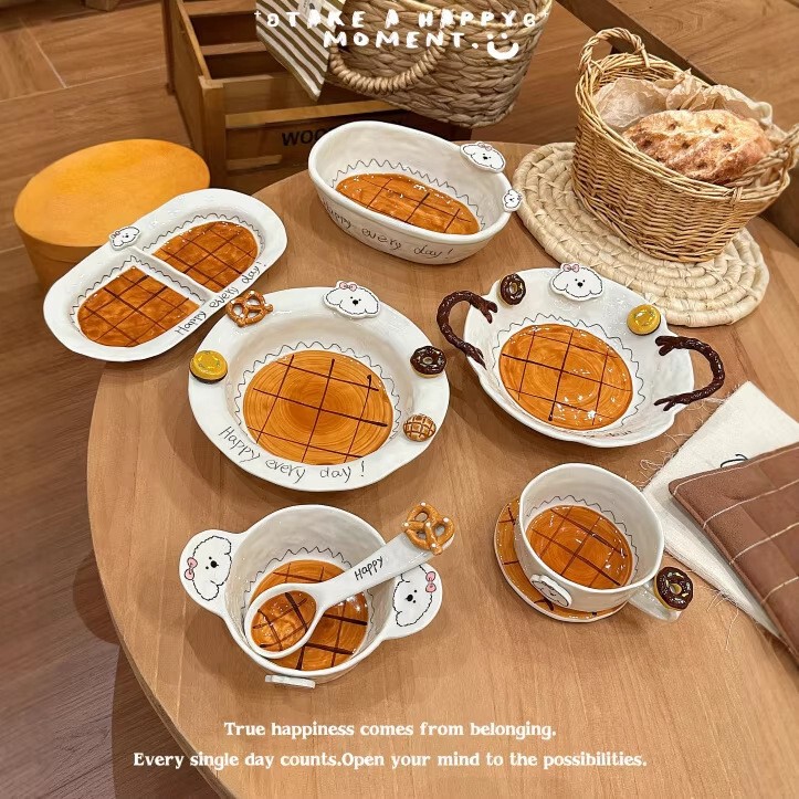 Cartoon household divided plate with double handles, underglaze color, high aesthetic ceramic bowl and plate, rice bowl, caramel puppy tableware set Cartoon household divided plate with double handles, underglaze color, high aesthetic ceramic bowl and plate, rice bowl, caramel puppy tableware set