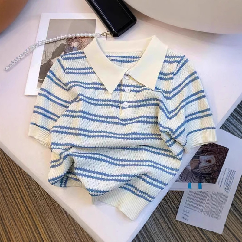 European 2025 New Polo Collar Knitted Contrast Striped Short-sleeved T-shirt Women's Top Design Sense Niche Summer