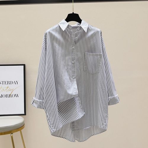 2025 Spring and Autumn New Korean Style Literary Short Front and Long Back Collared Shirt Women's Casual Long Striped Blouse