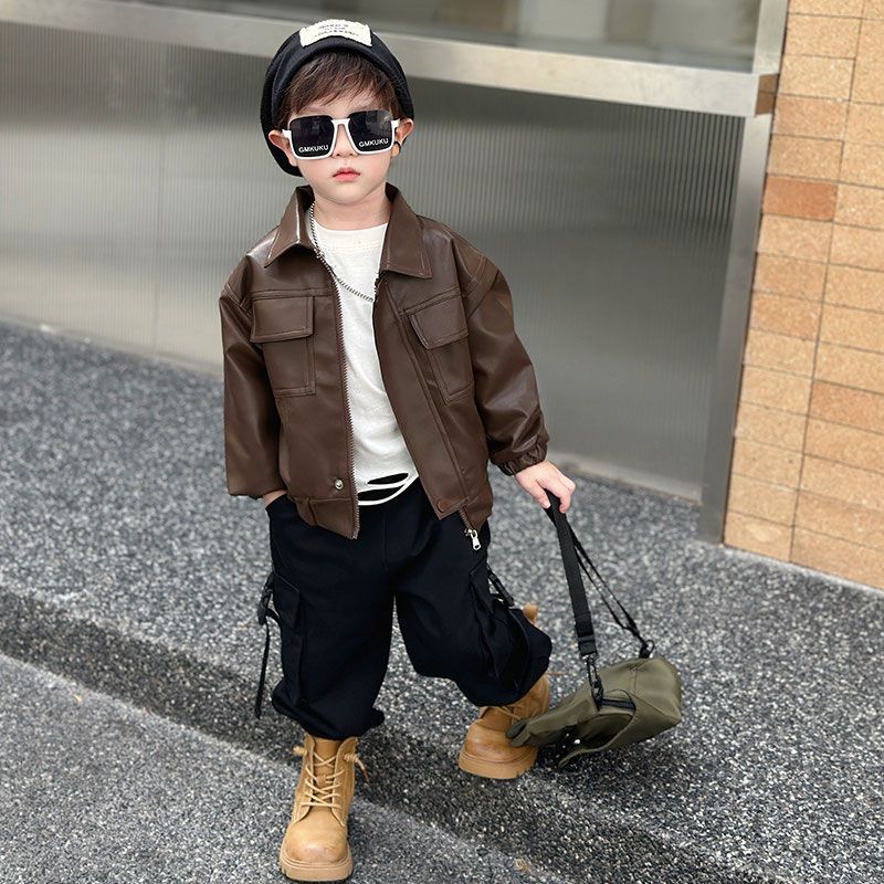 Boys Leather Jacket Children Ruffian Handsome Jacket Spring And Autumn 2025 New Baby Fried Street Jacket Boys Spring Clothes_voghion.com
