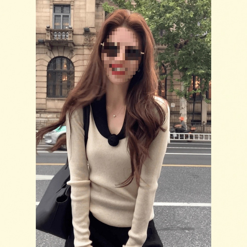 French Contrasting Color Stitching V Neck Long-Sleeved Knitted Bottoming Shirt for Women in Autumn and Winter Slim Short Sweater with Flower Top