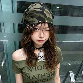 原创设计 铆钉工装迷彩绑带头巾帽女时髦复古辣妹方巾男
