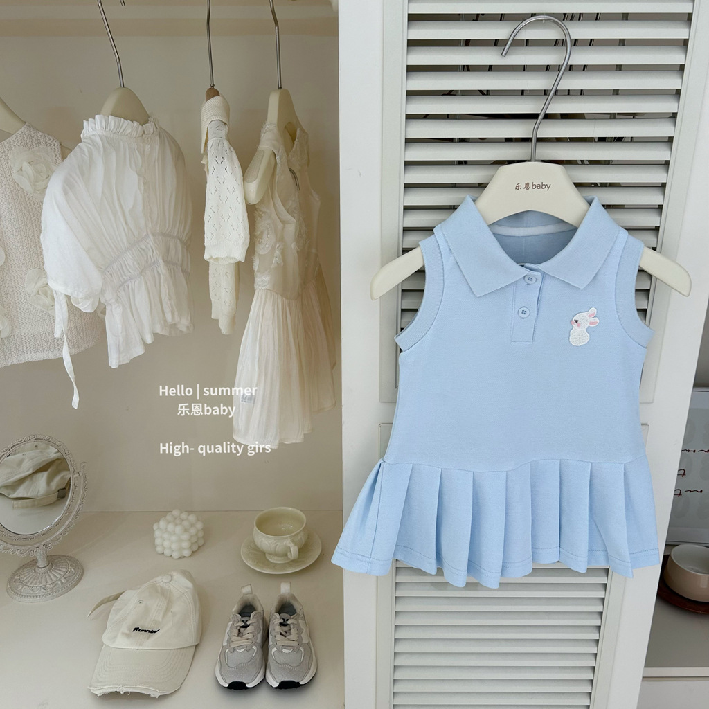 [Le En abby] Vestido con cuello POLO de estilo universitario para niñas Vestido de princesa deportiva plisado con chaleco sin mangas de verano